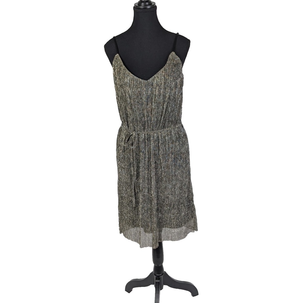 Dex Metallic Gold Plissé Shimmer Slip Dress with Tie Waist - Medium